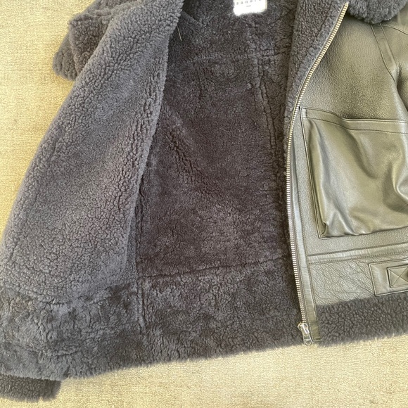 Sandro amber shearling black leather jacket coat - Picture 3 of 7